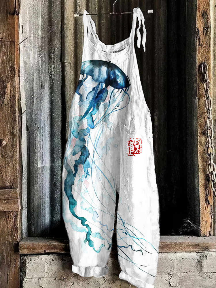 Japanese Art Jellyfish Print Casual Linen Blend Jumpsuit