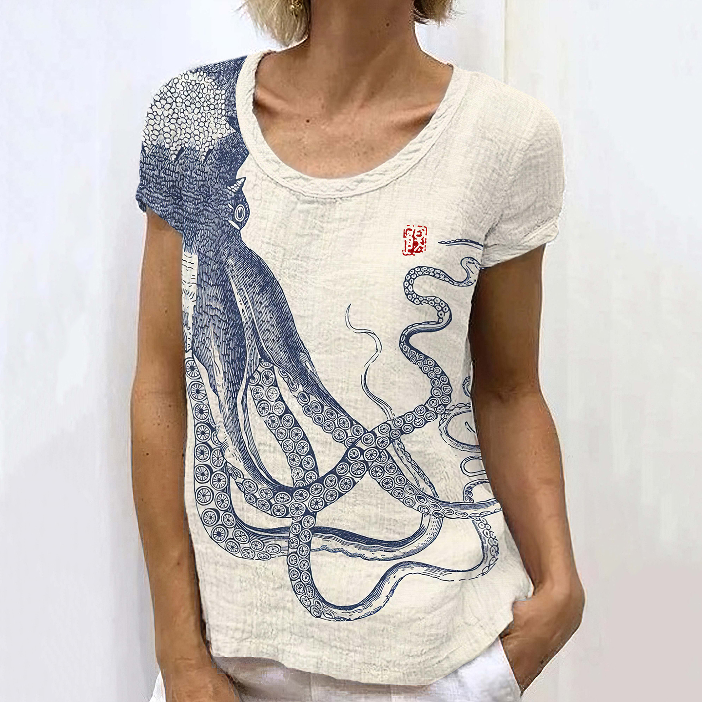 Retro Japanese Art Octopus And Crab Linen Casual T-Shirt