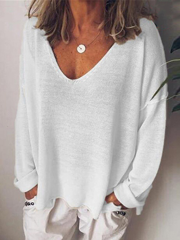 V Neck Comfy Linen Cotton Long Sleeve Shirt