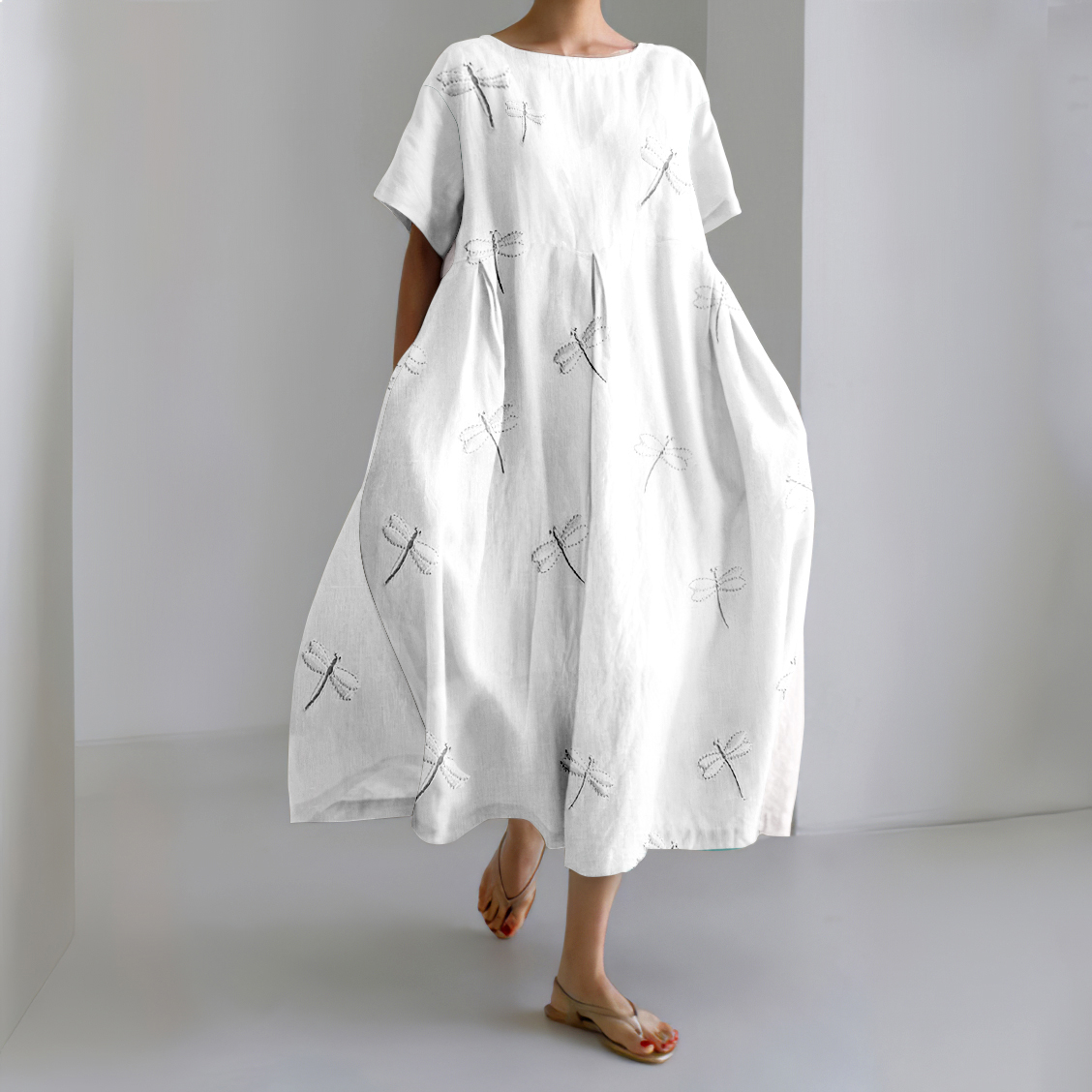 Women'S Vintage Dragonfly Embroidery Art Casual Midi Dress