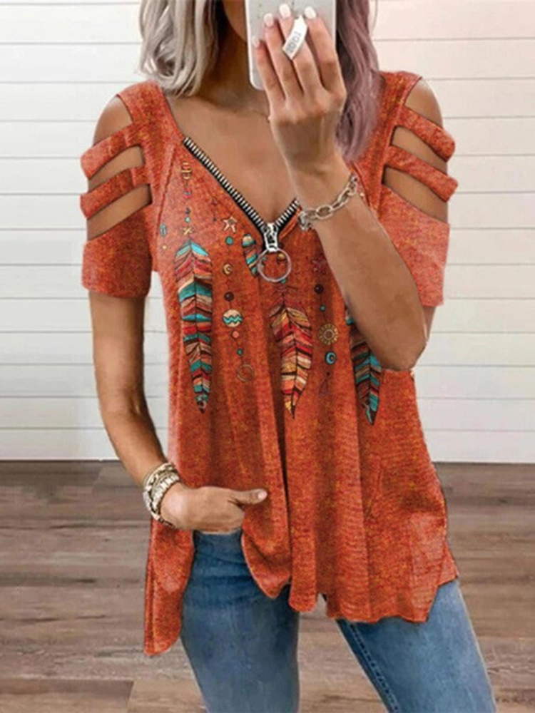 Cutout Feather Print Long Sleeve T-Shirt
