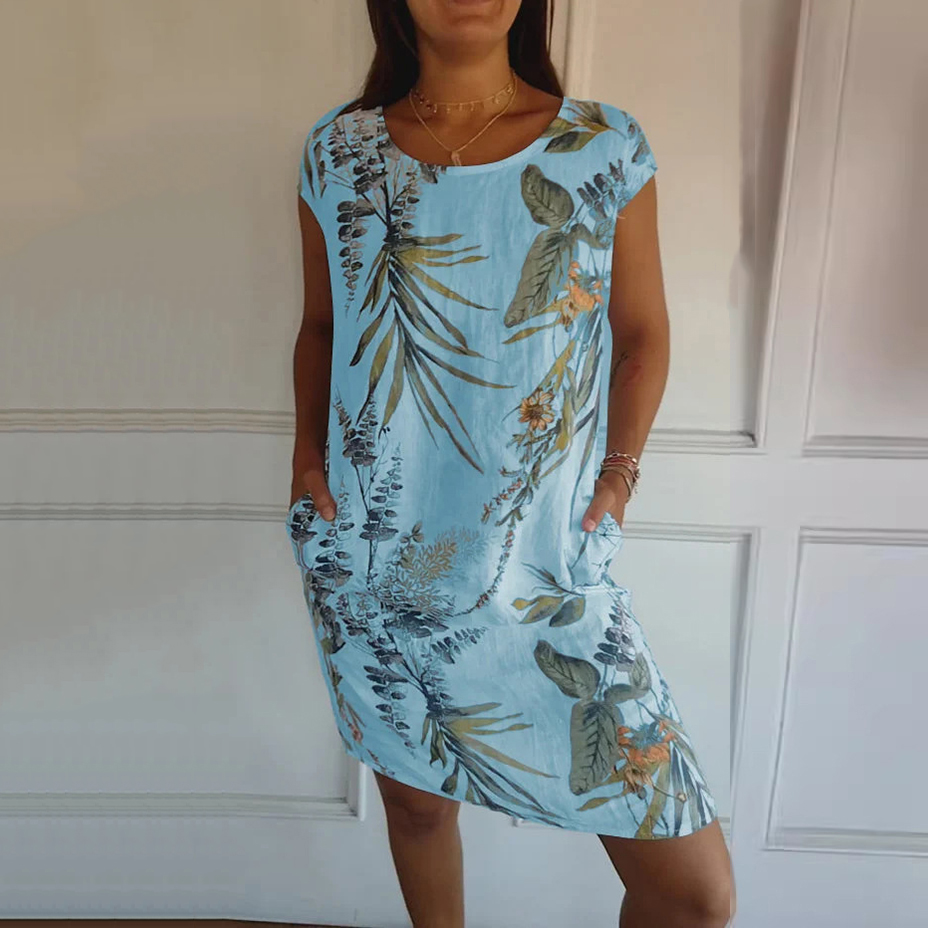 Fashionable Plant Cotton And Linen Round Neck Women'S Dress