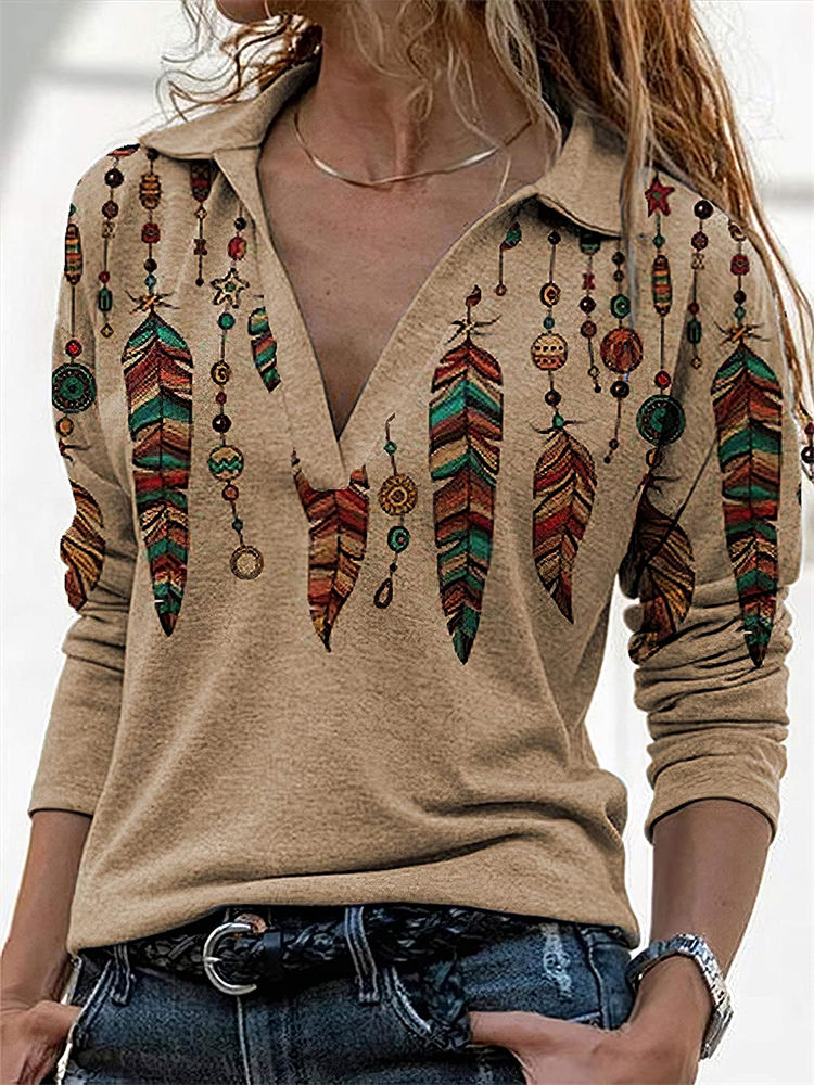 Western Ethnic Feathers V Neck T Shirt