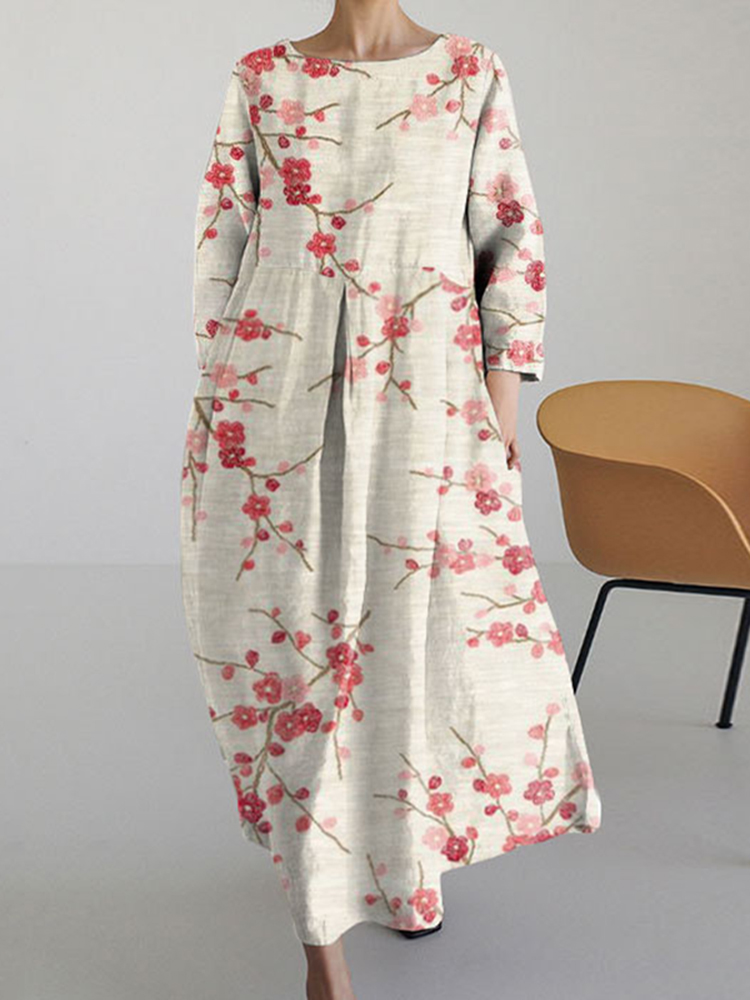 Japanese Plum Blossom Art Long Sleeved Loose Midi Dress