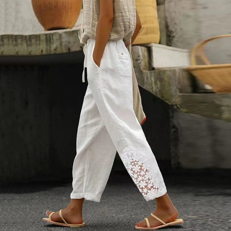 Retro Floral Lace Linen Blend Cozy Women's Pants