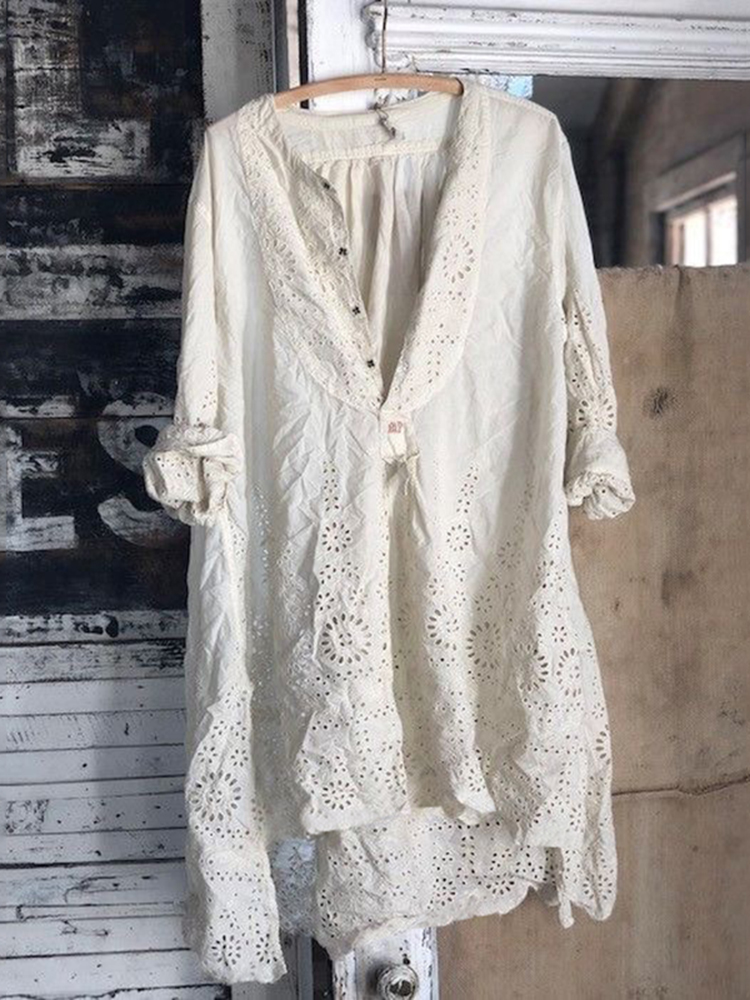 Women's Vintage Lace Cotton And Linen Blouse