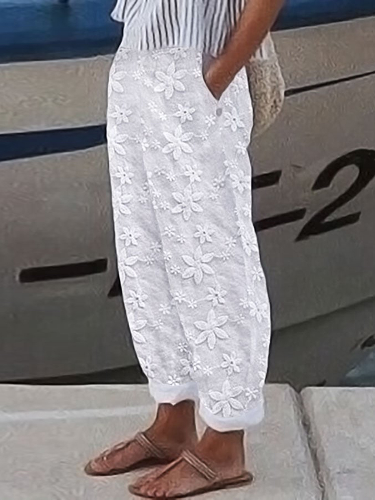 Embroidered Floral Print Casual Pants
