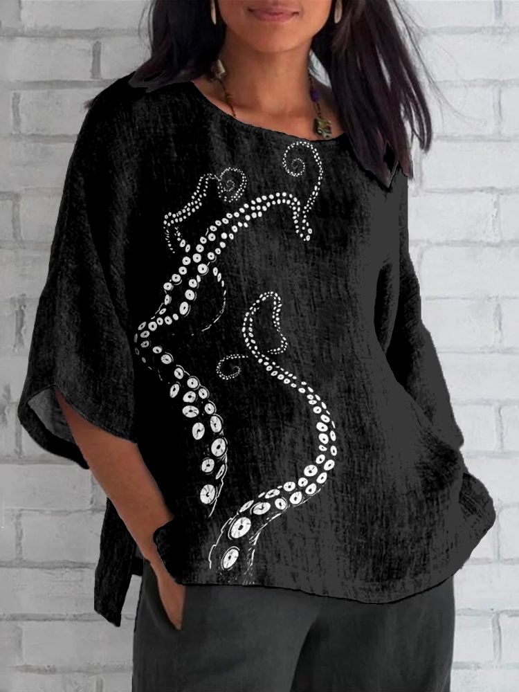 Octopus Tentacle Pattern Linen Blend Cozy Tunic