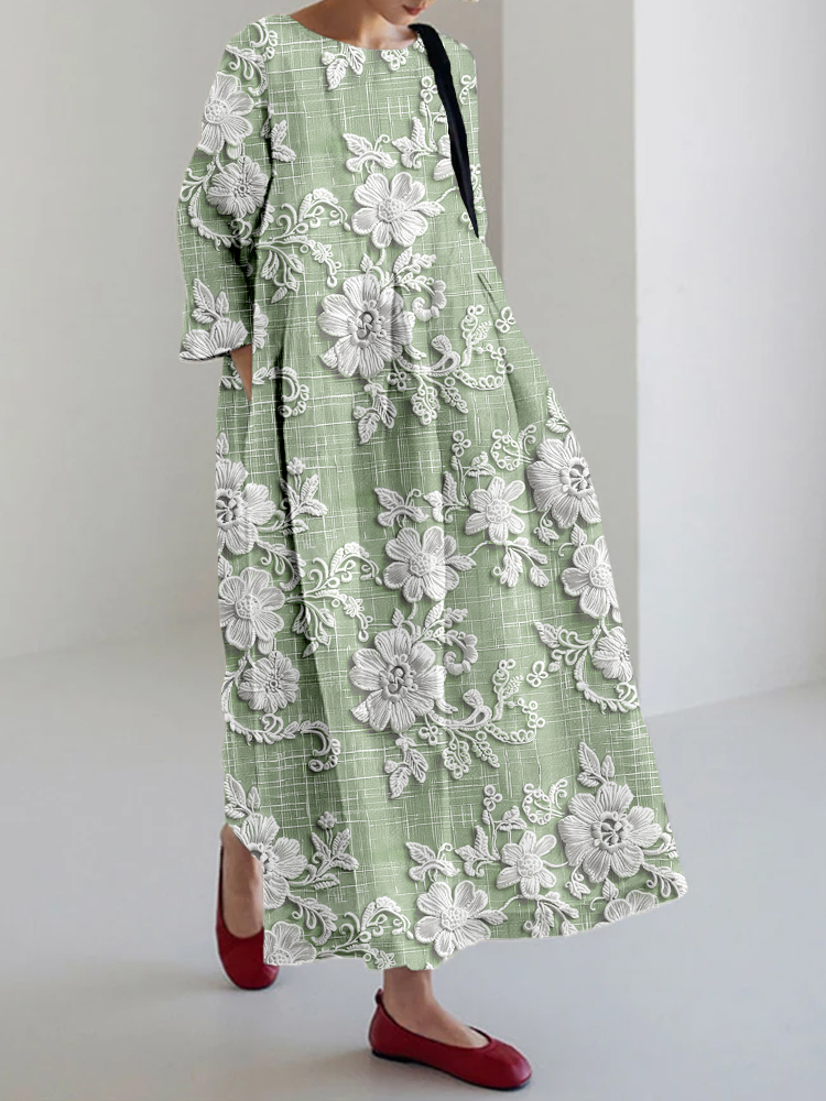 Elegant Floral Lace Embroidered Linen Blend Maxi Dress