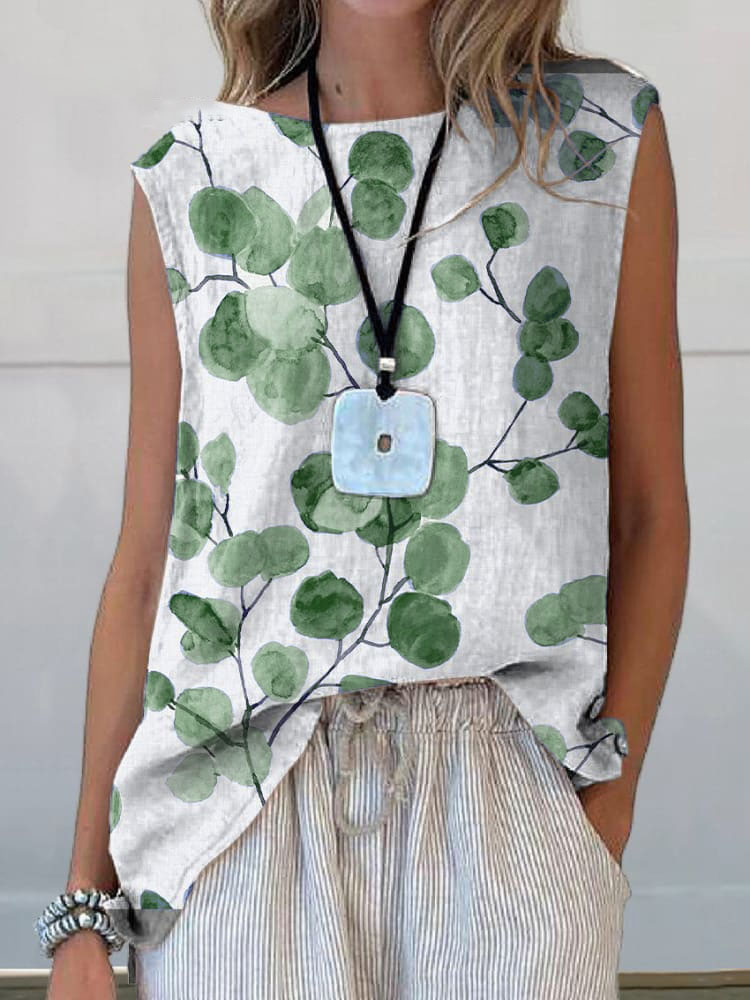 Women's Retro Botanical Floral Print Casual Cotton Linen Tank Top