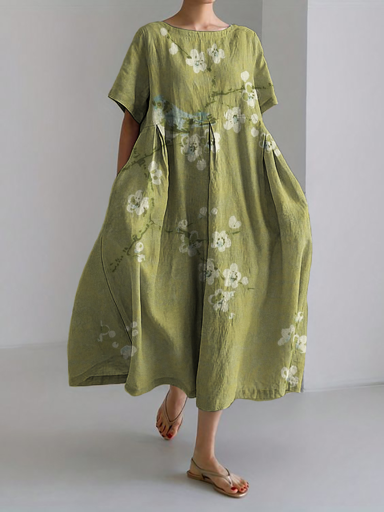 Bird on Plum Blossom Branches Japanese Linen Blend Maxi Dress