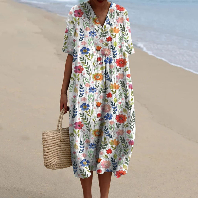 Women's Pastoral Floral Art Print Casual Cotton Linen Dress