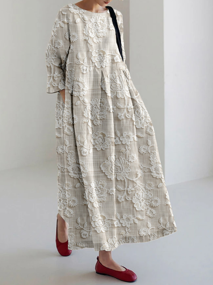 Floral Lace Embroidered Linen Blend Maxi Dress