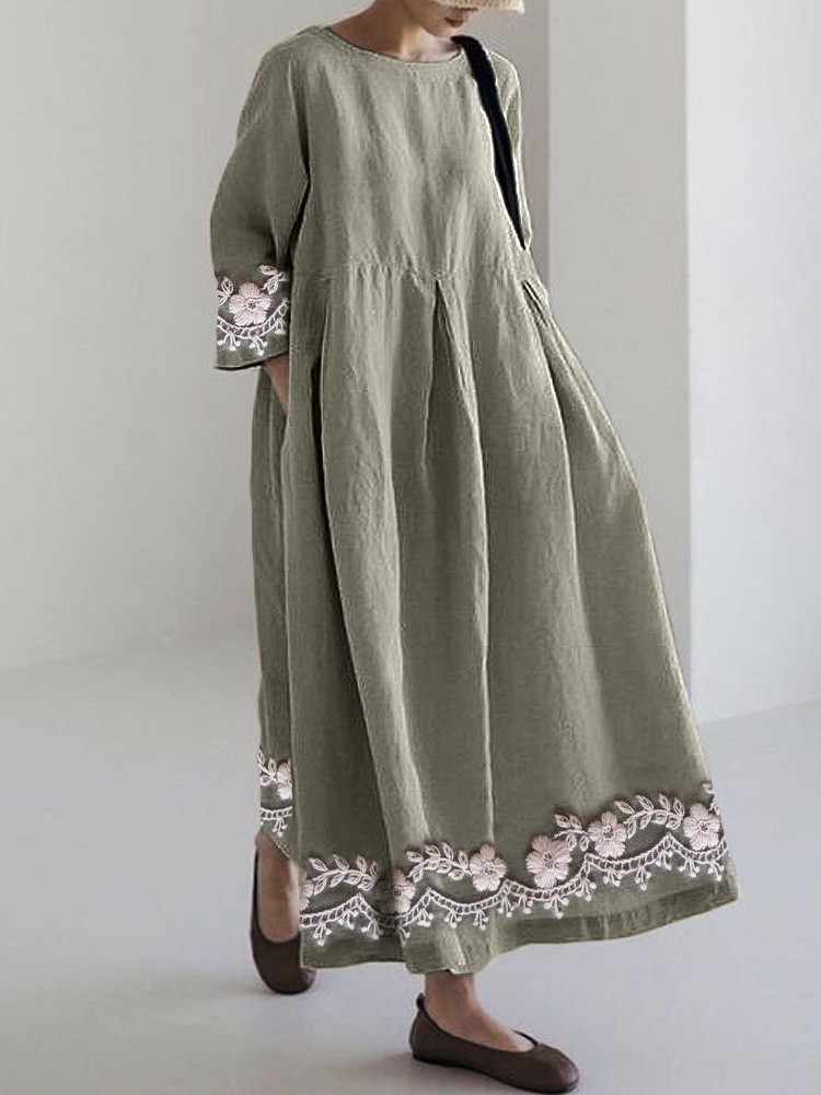 Classy Floral Embroidered Hem Linen Blend Maxi Dress
