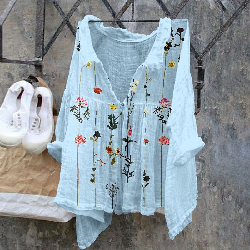 Floral Pattern Ladies Casual Floral Print Cotton Linen  Shirt