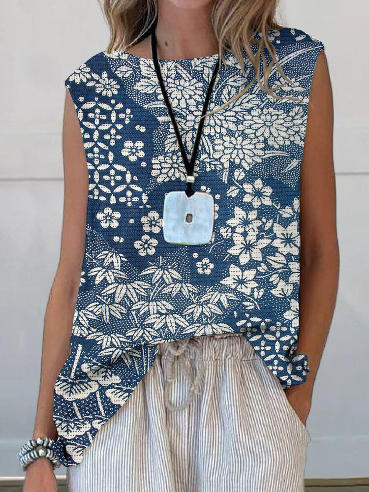 Vintage Japanese Art Flower Print Sleeveless Tank Top