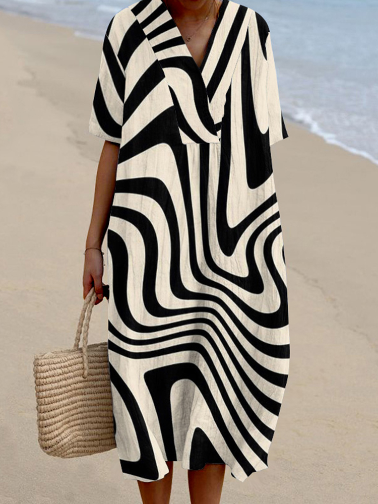 Abstract Striped Art Print V-Neck V-Neck Loose Midi Dress