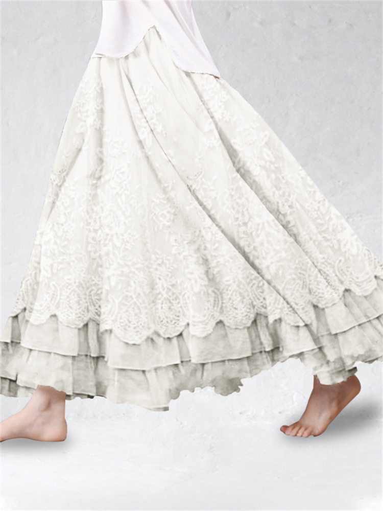 Vintage Floral Lace Ruffle Flowy Linen Blend Skirt