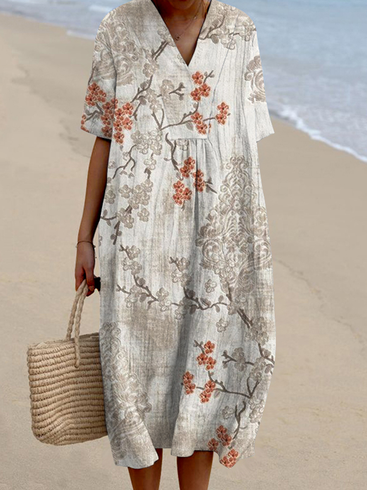 Vintage  Floral Print V-Neck Short Sleeved Midi Dress