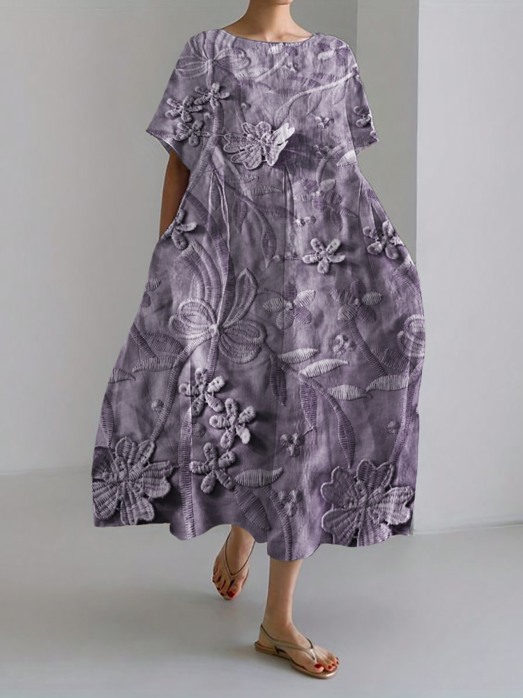 3D Floral Embroidered Lace Linen Blend Maxi Dress