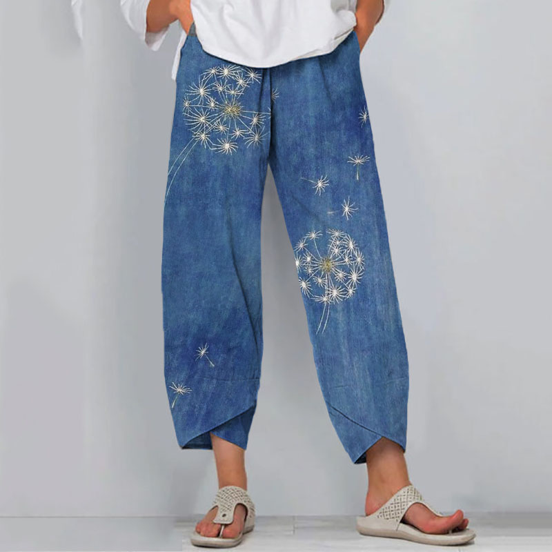 Retro Japanese Traditional Sashiko Dandelion Art Pattern Cropped Casual Pants