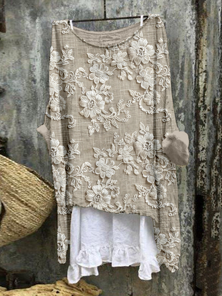 Vintage Floral Lace Embroidered Linen Blend Flowy Tunic