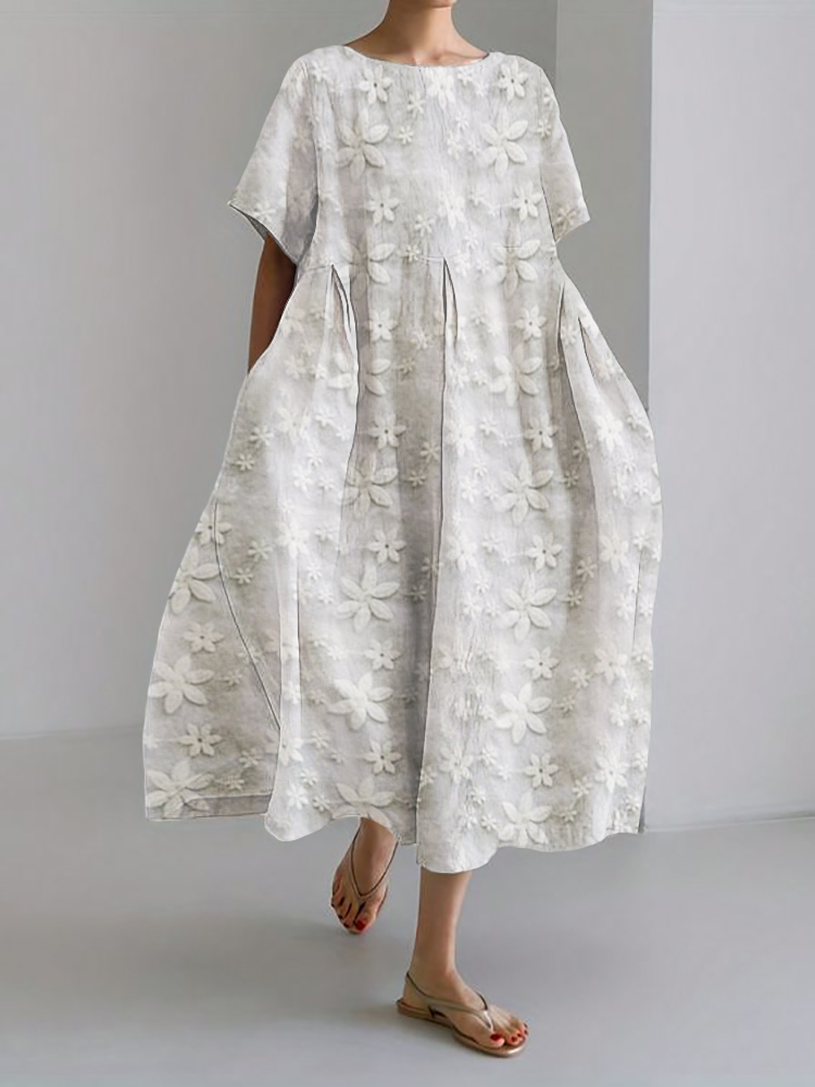 Floral Lace Embroidered Linen Blend Maxi Dress