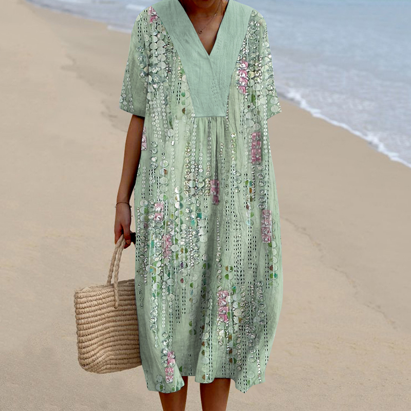 Vintage Sequins Art Casual V Neck Short Sleeve Midi Dress