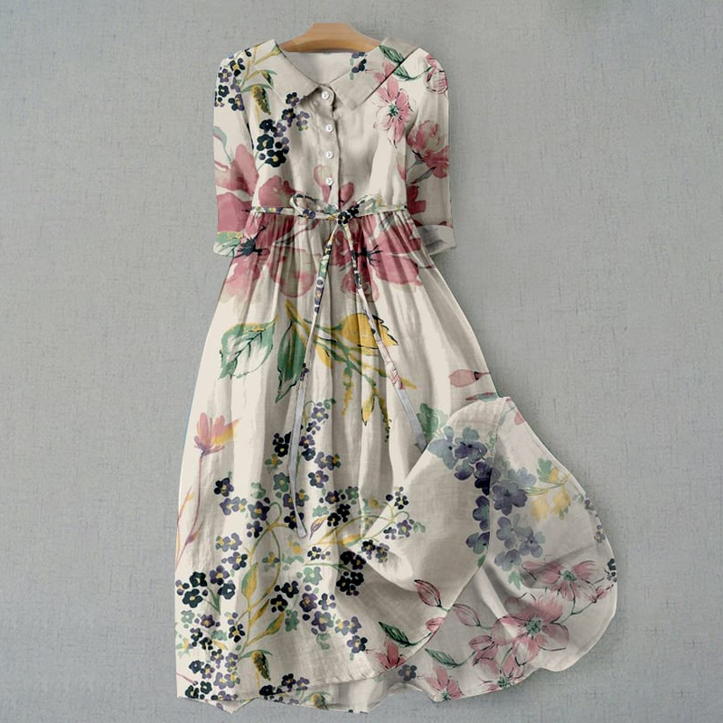 Elegant Japanese Art Floral Print Lace-up Casual Midi Dress