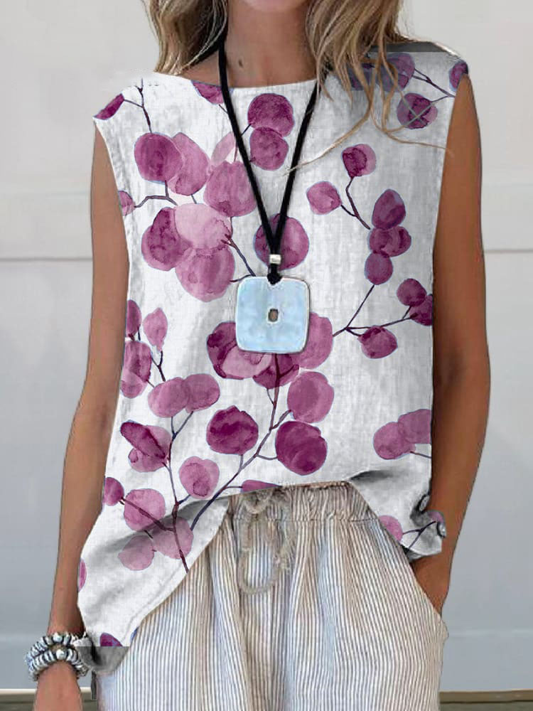 Women's Retro Botanical Floral Print Casual Cotton Linen Tank Top