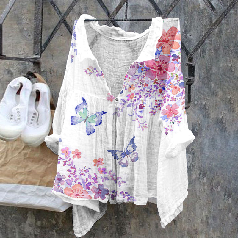 Butterfly Retro Cotton Linen Casual Floral Print Cotton Linen  Shirt
