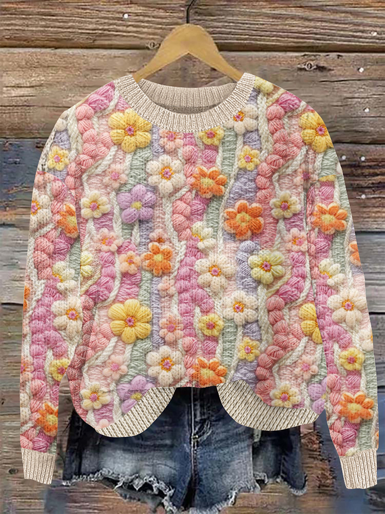Floral Print Casual Knitted Pullover Sweater