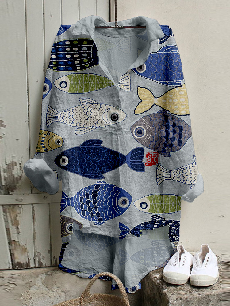 Vintage Fish Japanese Art Linen Blend Casual Tunic