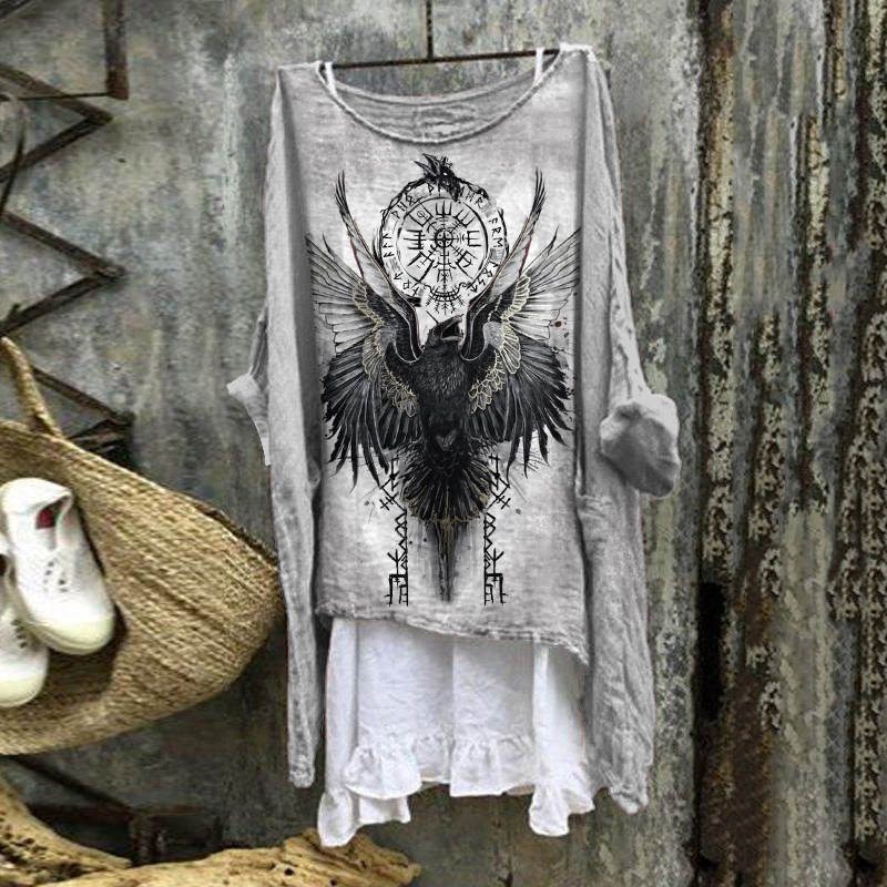 Tribal Crow Viking Vegvisir Print Blouse