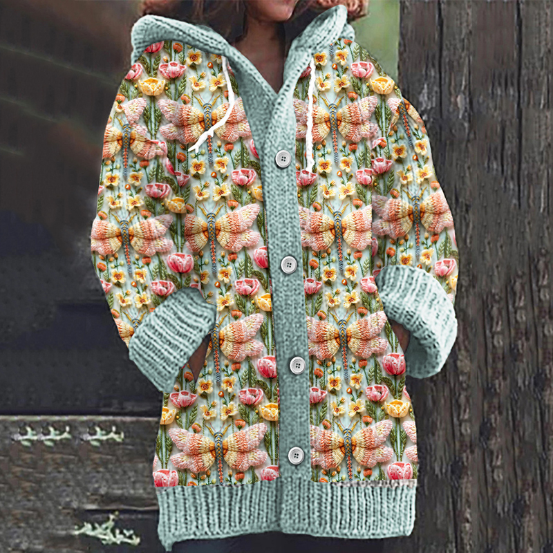 Dragonfly Flower Art Print Knitted Hooded Cardigan