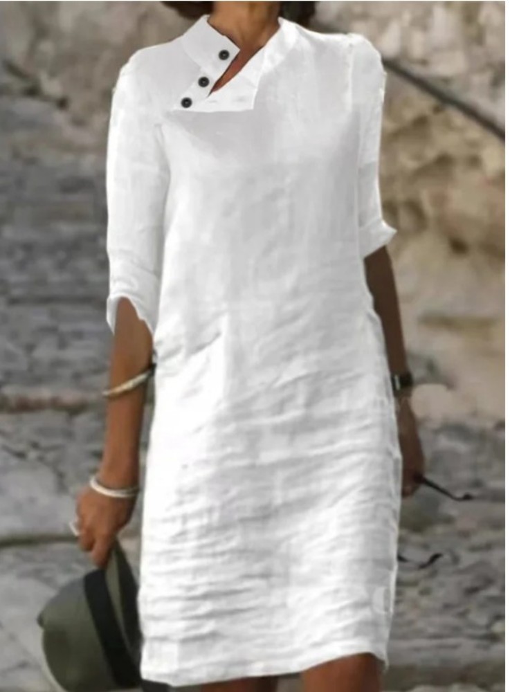 Solid Color Button Half Sleeve Midi Dress