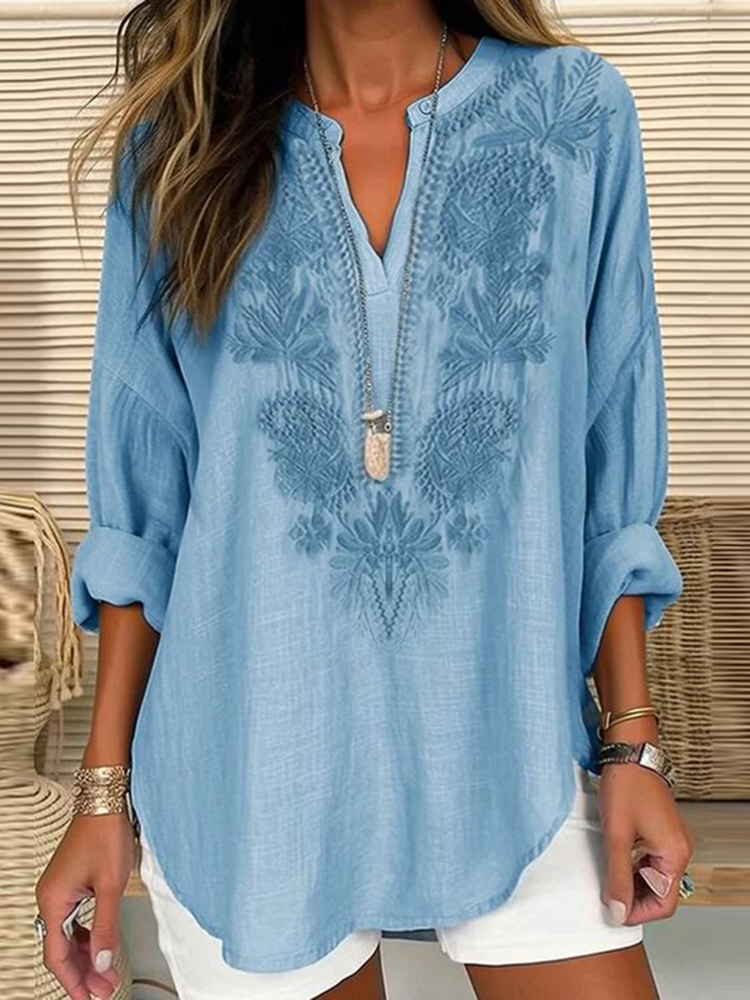 Embroidered Art Flower Print V-Neck Long Sleeve Blouse