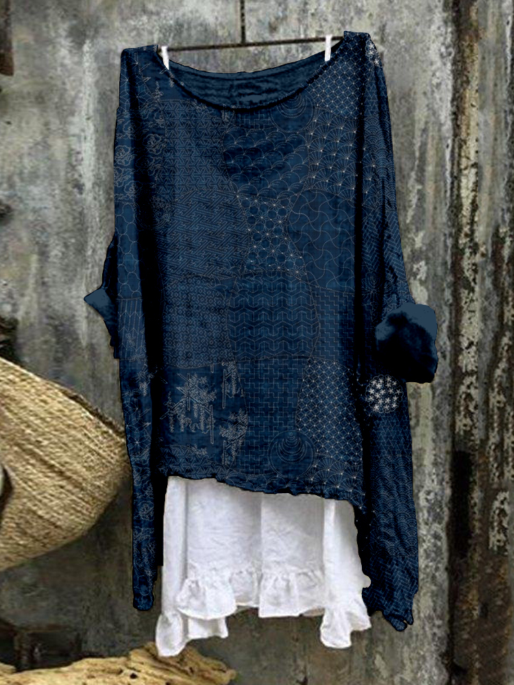 Japanese Traditional Sashiko Art Linen Blend Flowy Tunic
