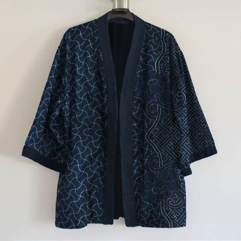 Japanese Traditional Sashiko Art Print Linen Blend Kimono Cardigan