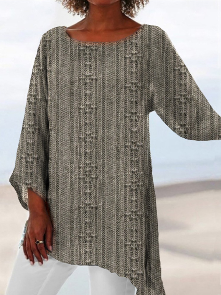 Women Vintage Stripes Casual Irregular Hem Shirt