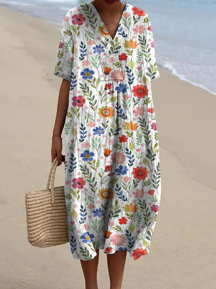 Women's Pastoral Floral Art Print Casual Cotton Linen Dress
