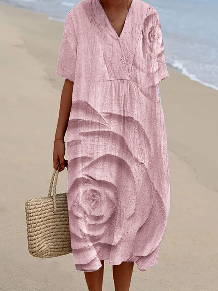 Classy Roses Relief Art Linen Blend Flowy Dress