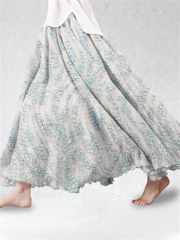 Pearl & Floral Beaded Tassel Women's Semi-Long Skirt