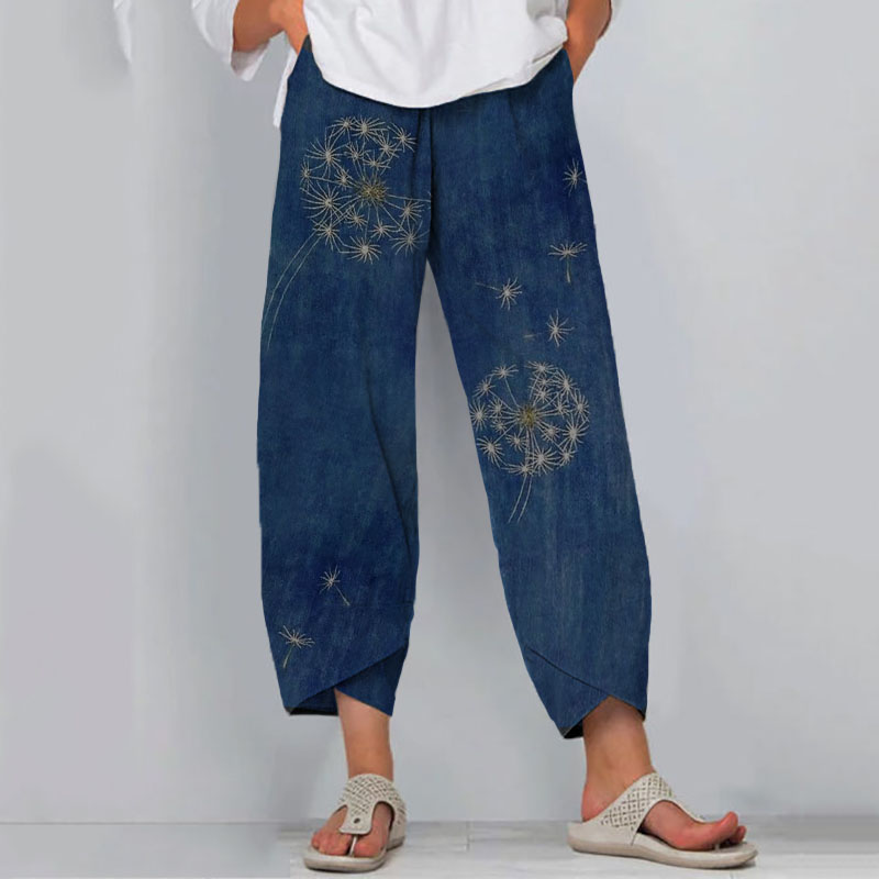 Retro Japanese Traditional Sashiko Dandelion Art Pattern Cropped Casual Pants