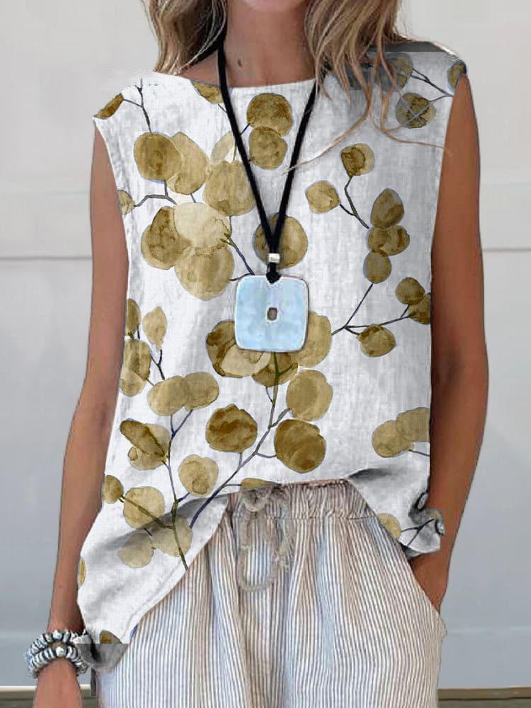 Women's Retro Botanical Floral Print Casual Cotton Linen Tank Top