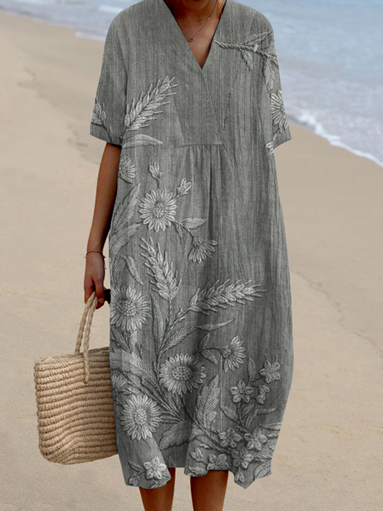 Floral Print V-Neck Short Sleeved Midi Dress