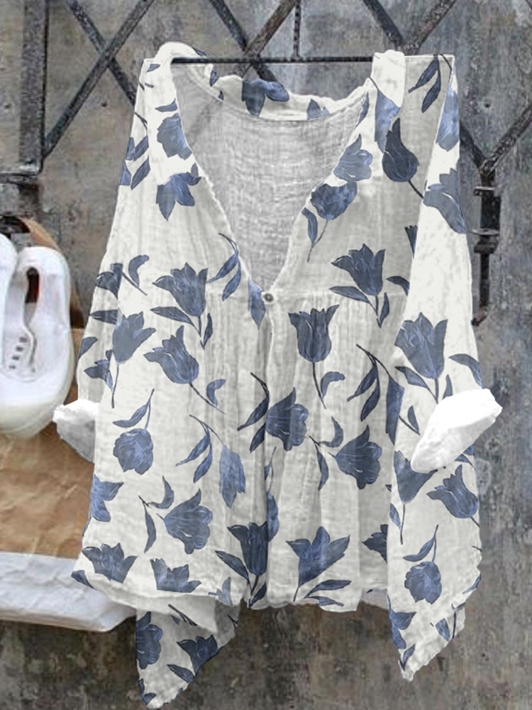 Ladies Floral Pattern Casual Cotton Linen Shirt