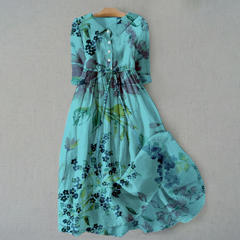 Elegant Japanese Art Floral Print Lace-up Casual Midi Dress