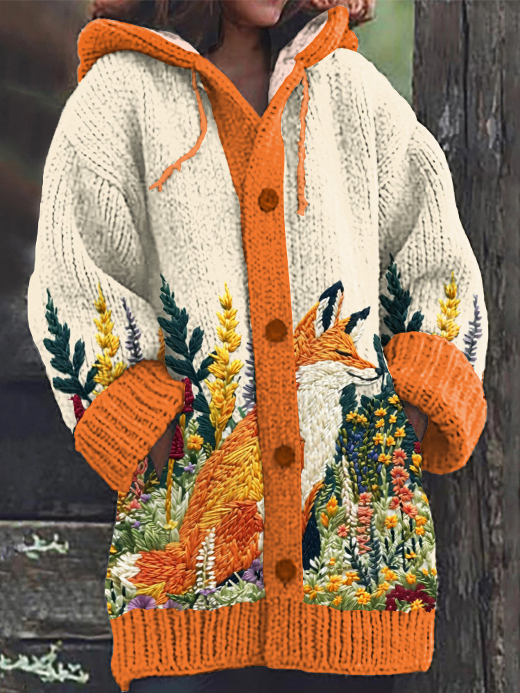 Fox & Floral Embroidered Cozy Knit Hooded Cardigan