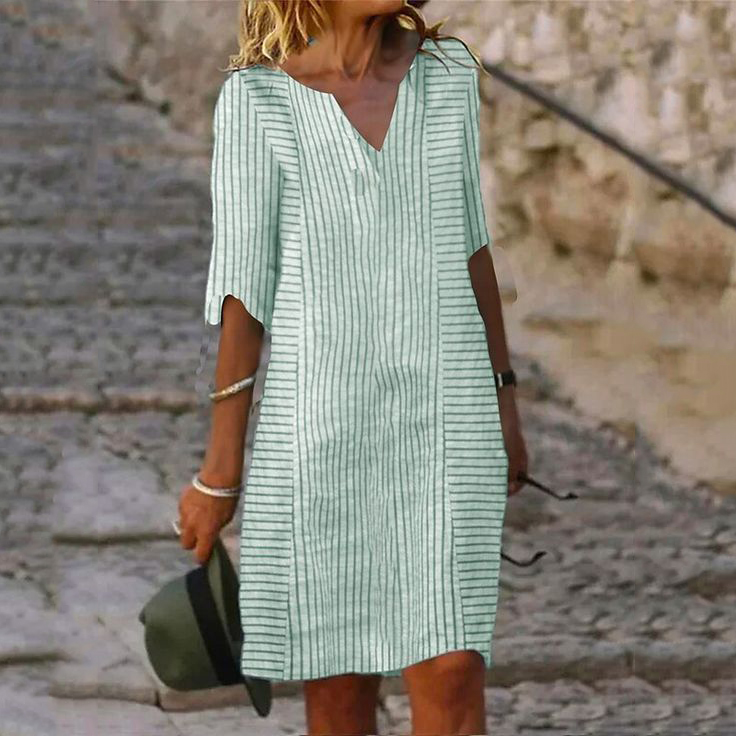 Striped Printed V-Neck Linen Blend Casual Midi Dress